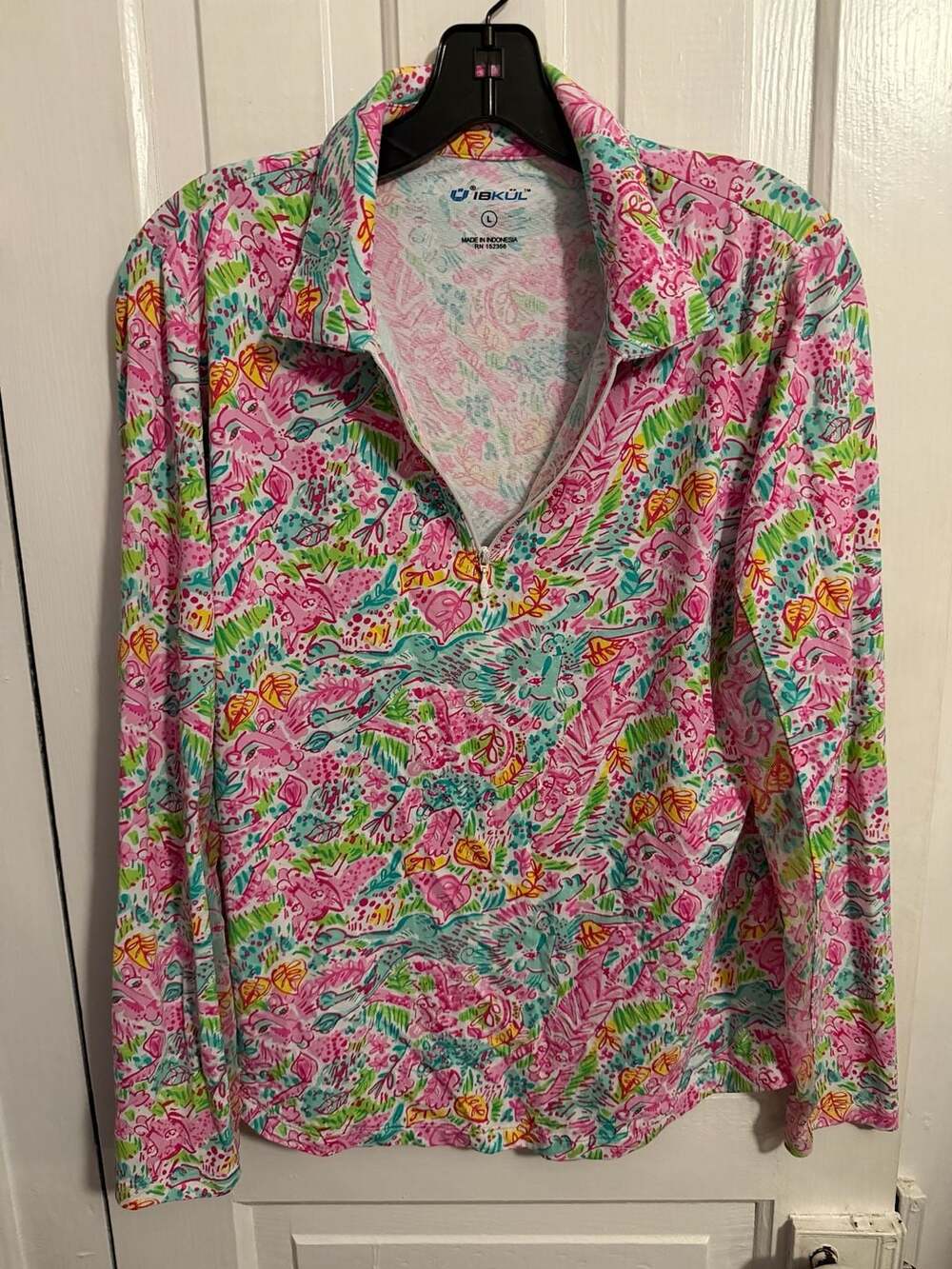 IBKÜL Long Sleeve 1/4 Zip Shirt Pink Turquoise Panther Leopard Print Large